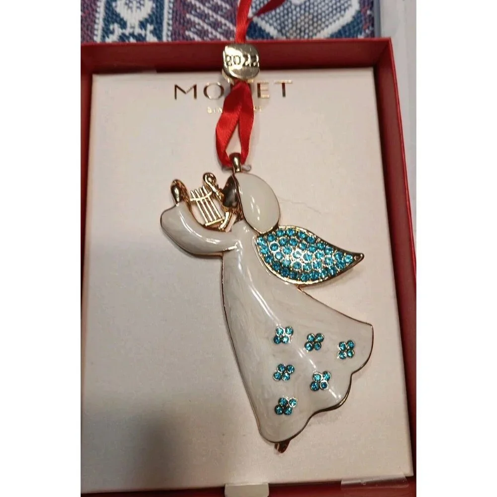 Monet Angel Harp‎ Ornament Pendant White Enamel Blue Rhinestone Christmas